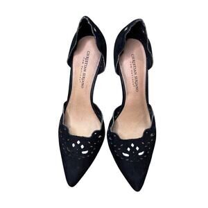 Christian Siriano Women's 9 Black Suede Eyelet High Heels, Ankle Lace Up Option